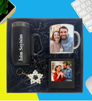 Kişiye Özel Premium Kutu Kulplu Termos Bardak Fotoğraflı Kupa Bardak İnci Yıldız Anahtarlık Masaüstü Siyah Çerçeve