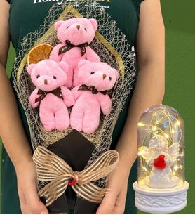 Büyük Boy 3'lü Tasarım Peluş Ayıcık Buketi ve Led Işıklı Beyaz Melekli Fanus (Model 1)