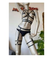 Siyah Deri Fantezi Jartiyer Harness Takım (Kırmızı)