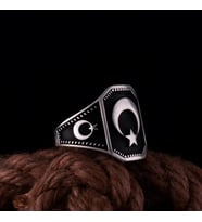 Erkek Gümüş Yüzük Ay Yıldız İşlemeli Siyah Oniks Taşlı Model1 Erkek Gümüş Yüzük