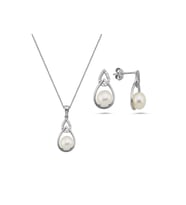 Zirkon Taşlı Damla İçinde Doğal İnci Küpe Kolye İkili Set (Beyaz)