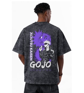Jujutsu Kaisen Gojo Satoru Anime Baskılı Unisex Oversize Eskitme Yıkamalı Tişört