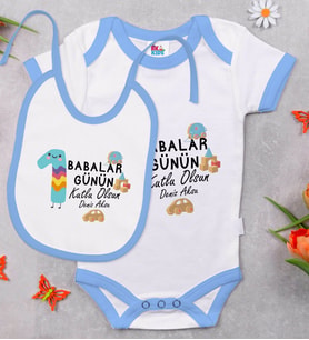BK Kids Kişiye Özel İlk Babalar Günü Tasarımlı Mavi Bebek Body Zıbın ve Mama Önlüğü Hediye Seti-3