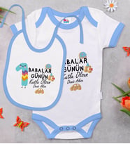 BK Kids Kişiye Özel İlk Babalar Günü Tasarımlı Mavi Bebek Body Zıbın ve Mama Önlüğü Hediye Seti-3