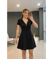 Kadın Kısa Kollu Yakası Fermuarlı Kısa Viskon Iki Iplik Elbise (Siyah)