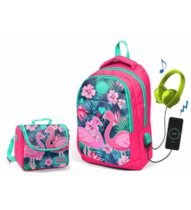 Coral High Narçiçeği Flamingo Okul ve Beslenme Çantası - Kız Çocuk  - USB Soketli