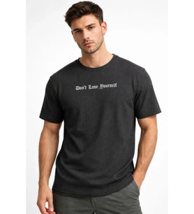 Erkek Wafıl Kumaş Tişört Regular Kalıp Bisiklet Yaka Baskılı Günlük Basic T-Shirt - Siyah