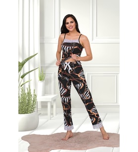 Kadın Zincir Desenli Pamuklu Likralı Siyah Askılı Dantel Detaylı Pijama Takımı 28457