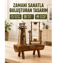 Vintage Kum Saati + Deniz Feneri Modeli - Ahşap Gövdeli Masa Üstü Dekor Yeni Nesil