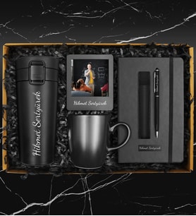 Sevdiklerinize Özel Termo Deri Defter & Siyah Kupa & 400 ML Otomatik Basmalı Çelik Termos & Deri Kılıflı Touch Pen Kalem & Fotoğraf Çerçevesi