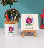 Ekonomist Tasarımlı Kişiye Özel Ekonomist Kalemlik ve Dekoratif Taş Baskı Hediye Seti