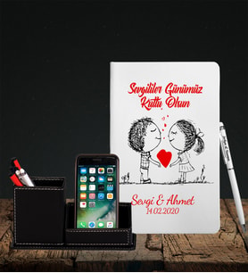 Sevgililer Gününe Özel Beyaz Defter Kalem & Deri Kaplama Kalemlik Hediye Seti 22