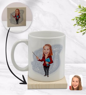 BK Gift Kişiye Özel Kadın Öğretmen Karikatürlü Beyaz Kupa Bardak ve Ahşap Bardak Altlığı Hediye Seti - Model 3