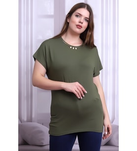 B21399901 Büyük Beden Viskon Yaka Taş Aksesuar Kısa Kol Bluz HAKI (Haki)