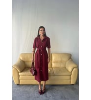 TENCEL ÖNDEN DÜĞMELİ KISA KOL ELBİSE - Kahverengi (Bordo)