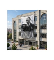 Takım Elbiseli Ulu Önder Gazi Mustafa Kemal Atatürk Poster Bayrak Raşel Kumaş 6x9 metre ATA69
