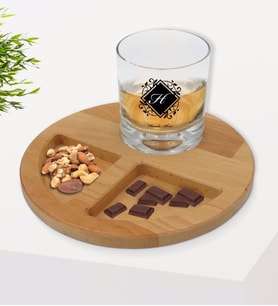 BK Gift Kişiye Özel Baş Harfli İsimli Viski Bardağı ve Doğal Masif Ahşap Yuvarlak Sunum Tabağı Çerezlik Hediye Seti-10