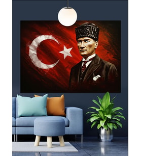 Bayrak Önünde Atatürk Portresi Dekoratif Kanvas - Mdf Ahşap Tablo