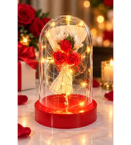 Premium Led Işıklı Fanus Kırmızı Gül Buketi Dekoratif Gece Lambası Lüks Romantik Ev Hediyesi 14 cm
