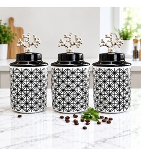 Baharatlık Silindir Seramik Büyük Boy Kapaklı 3 lü Kahve Köşesi Seti Lonca Desen 750 ml Hacimli GÜMÜŞ