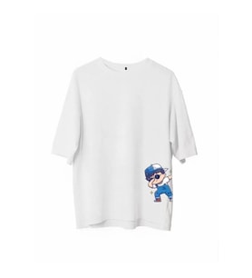 Unisex Bisiklet Yaka Baskılı Oversize T-Shirt - Beyaz