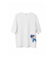 Unisex Bisiklet Yaka Baskılı Oversize T-Shirt - Beyaz