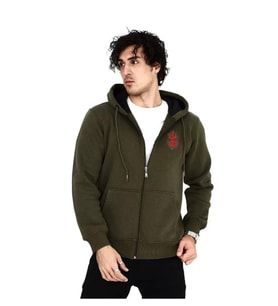 Unisex Baskılı Tam Fermuarlı Kapşonlu SweatShirt - Haki