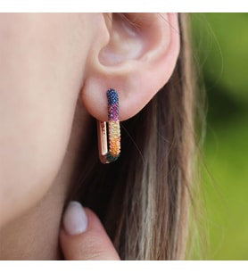 Renkli Zirkon Taşlı Dörtgen Rose Gold Kaplama Gümüş Küpe