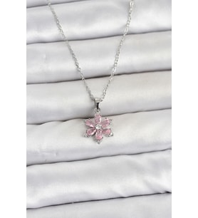 316L Çelik Zincir Gümüş Renk Pembe Zirkon Taşlı Lotus Model Kadın Kolye TJ-BKO11064