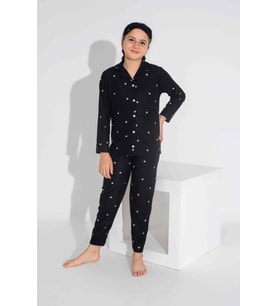 Yeni Sezon Sonbahar/Kış Kız Çocuk Yıldız Desenli Süet Pijama Takımı 2724-10 Siyah Yıldız
