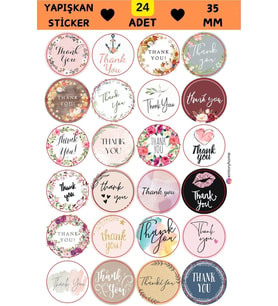 24 Adet - 24 Çeşit Thank You Sticker - Teşekkür Sticker - Paketleme Sticker - Hediye Paketi Sticker (Pembe)