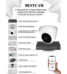 BESTCAM 1 Kameralı Set 5 Mega Piksel Sony Lensli FULL HD Gece Görüşlü Güvenlik Dome Kamera Seti 500 GB Hard Disk