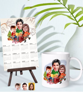 BK Gift Kişiye Özel Aile Yılbaşı Karikatürlü Kupa Bardak ve 13x18cm Fotoğraf Kartlı Şövaleli 2024 Takvim Hediye Seti-2