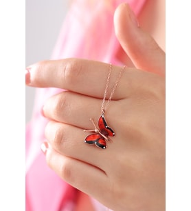 Kadın Tamamı 925 Ayar Gümüş Rose Kaplamalı Kelebek İtalyan Kolye