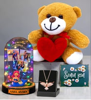 Size Özel Renkli Işıklı Fanus & Anka Kuşu Kolye & Kalpli Peluş Ayıcık Seti (Model 8)