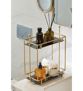 Gold 2 Katlı Dikdörtgen Metal Banyo Organizeri, Ayna Pleksili Tezgah Üstü Düzenleyici 32,6x16,3x34 cm