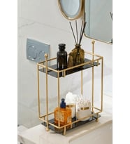 Gold 2 Katlı Dikdörtgen Metal Banyo Organizeri, Ayna Pleksili Tezgah Üstü Düzenleyici 32,6x16,3x34 cm