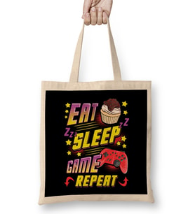 Funny Eat Sleep Game Repeat Gamer Gaming Bez Çanta Uzun Saplı