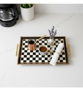 Ekonomi Dünyası Kahve Tepsisi Modern Dekoratif Sunum Tepsisi Siyah Beyaz Ahşap Dama Desenli - 45x28 cm (Siyah-Gold-Krem)