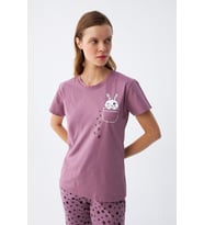Akbeniz Kadın Mor Patili Tavşan Baskılı Cepli Pijama Takımı