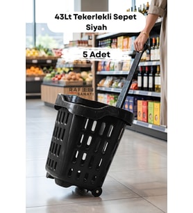 5 Adet - 43 LT Tekerlekli Market Sepeti Plastik Alışveriş Sepeti Ergonomik Çift Saplı Siyah