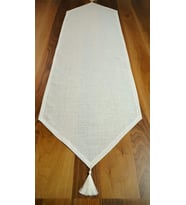 Simli Keten Runner Püsküllü, Kırık Beyaz, 45x150cm