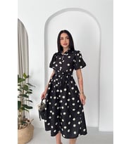 Neşeli butik kadın siyah gömlek yaka balon kol çiçek baskılı yazlık midi elbise -----NBK4617
