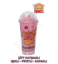 Capybara Çift Cidarlı, Işıklı, Pipetli, Kapaklı Bardak