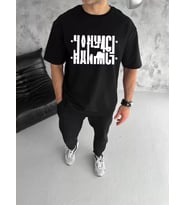 pilelistore- Unisex Bisiklet Yaka Katlanan Baskılı T-Shirt - Siyah
