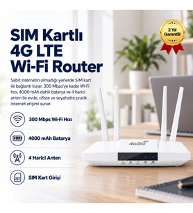 SIM Kartlı 4G LTE Taşınabilir Wi-Fi Router 300 Mbps, 4000 mAh Batarya