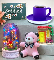 Mor Kahve Fincanlı Renkli Led Işıklı Fanuslu Hediye Seti (Model 7)