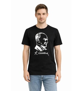 Erkek Atatürk Baskılı Tişört Kısa Kollu Bisiklet Yaka T-Shirt - Siyah