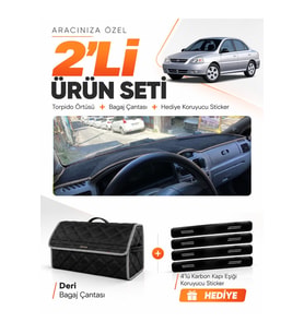 KİA RİO (2000-2005) Uyumlu Torpido Örtüsü + Deri Bagaj Çantası + Sticker Seti - Siyah Gri