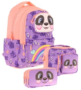 Kaukko Kids 3D Panda Şekilli Kız Çocuk Üçlü Okul Çantası Seti/Takımı - Mor Somon (L5233+L7233+L8233)
